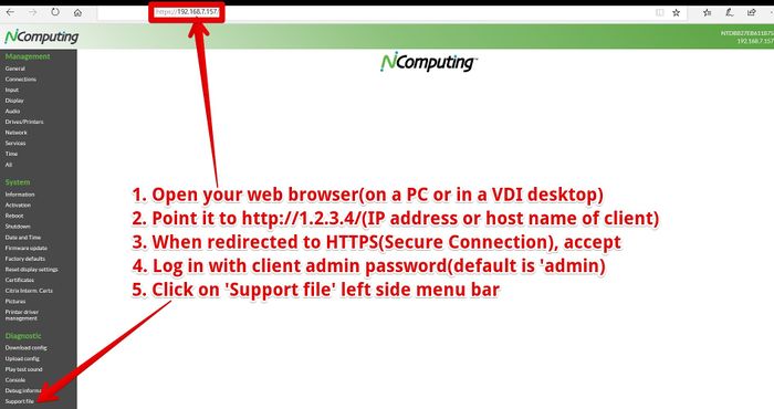 Screenshot eines Windows 7-PCs mit Internet Explorer, der eine NoTouch-Instanz zum Herunterladen einer Supportdatei verbindet